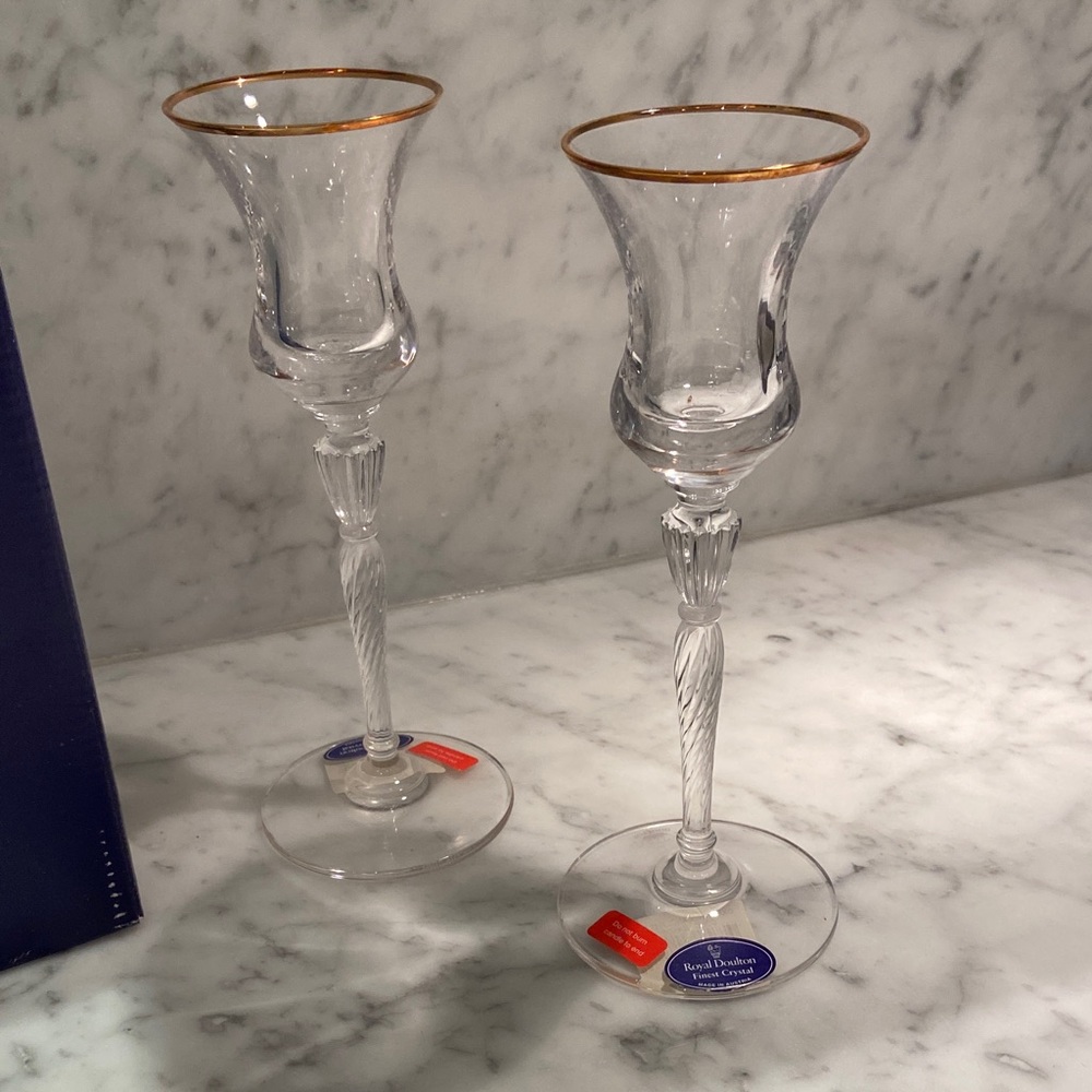 Pair of Royal Doulton Crystal Candlesticks with Gold Accents